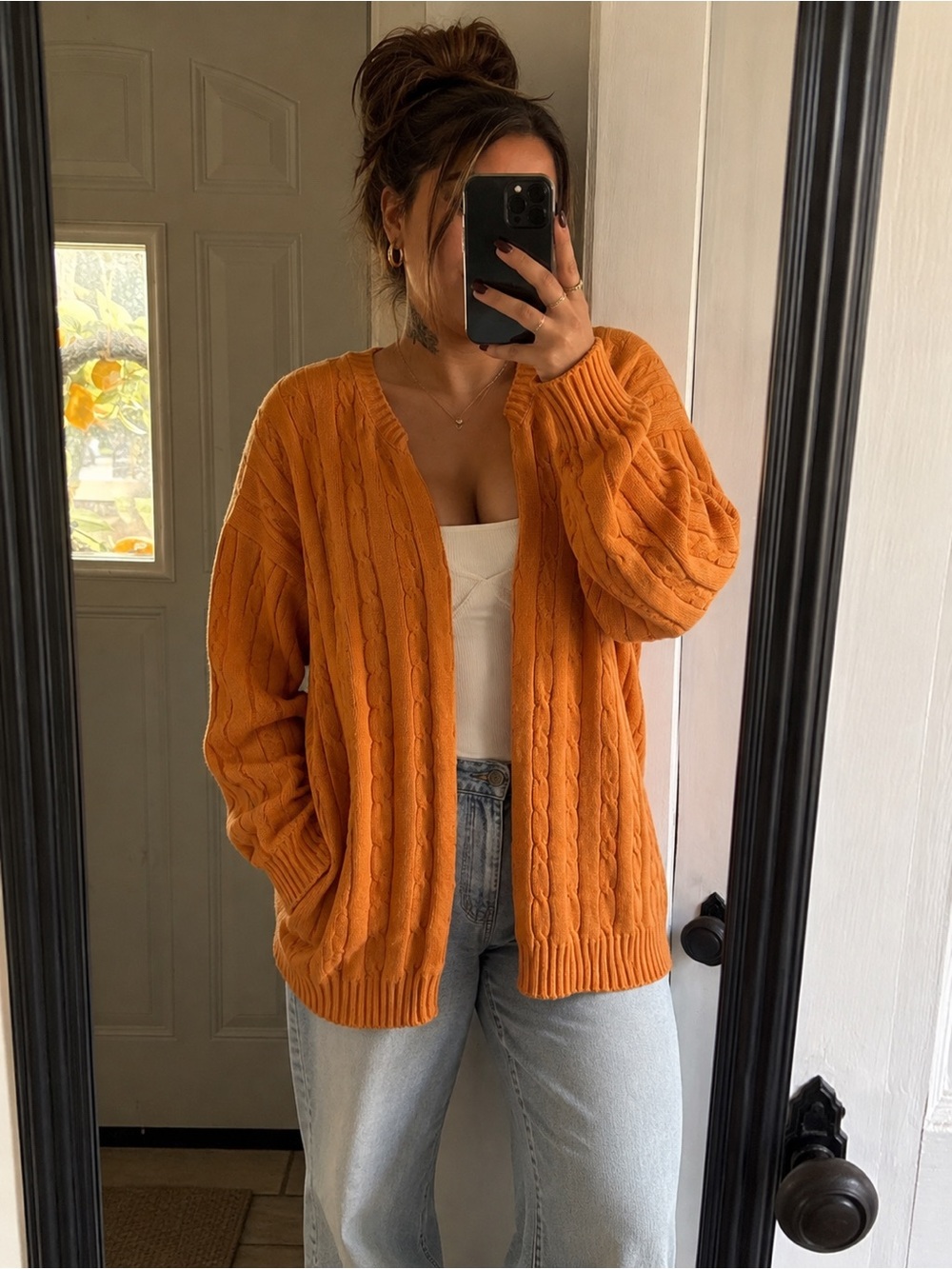 Cozy Open-Front Cable Knit Cardigan in Pumpkin Orange